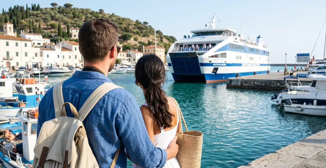 Una coppia vista di spalle osserva un grande traghetto moderno ormeggiato al porto sotto la luce naturale del Mediterraneo