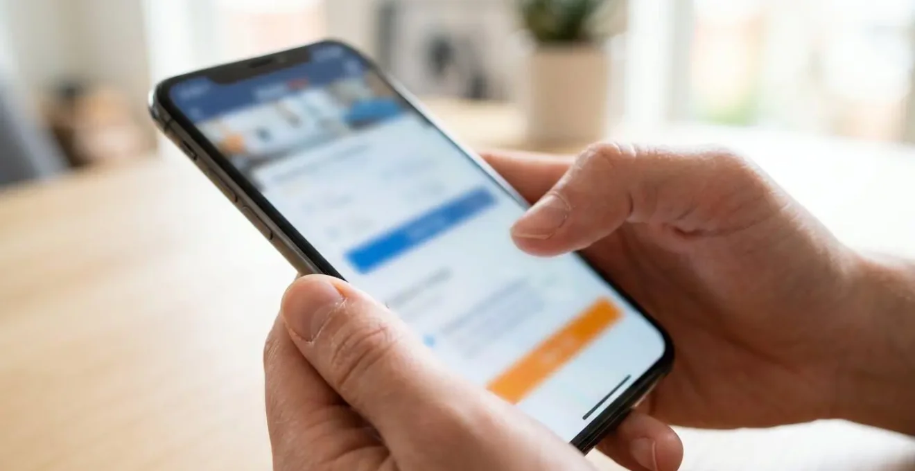 Primo piano di mani che tengono uno smartphone con schermata di prenotazione sfocata, su superficie moderna chiara con luce naturale laterale