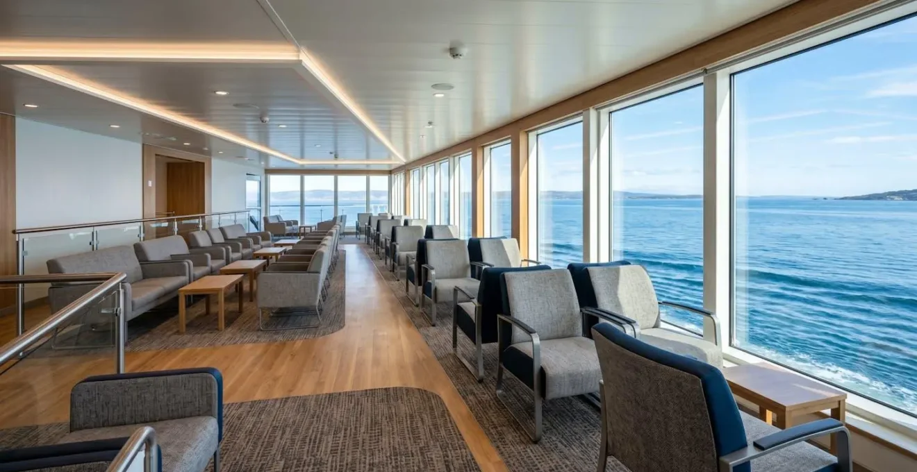 Veduta grandangolare dell'interno di un traghetto moderno con area lounge vuota, comode poltrone e ampie vetrate con vista sul mare, illuminata da abbondante luce naturale